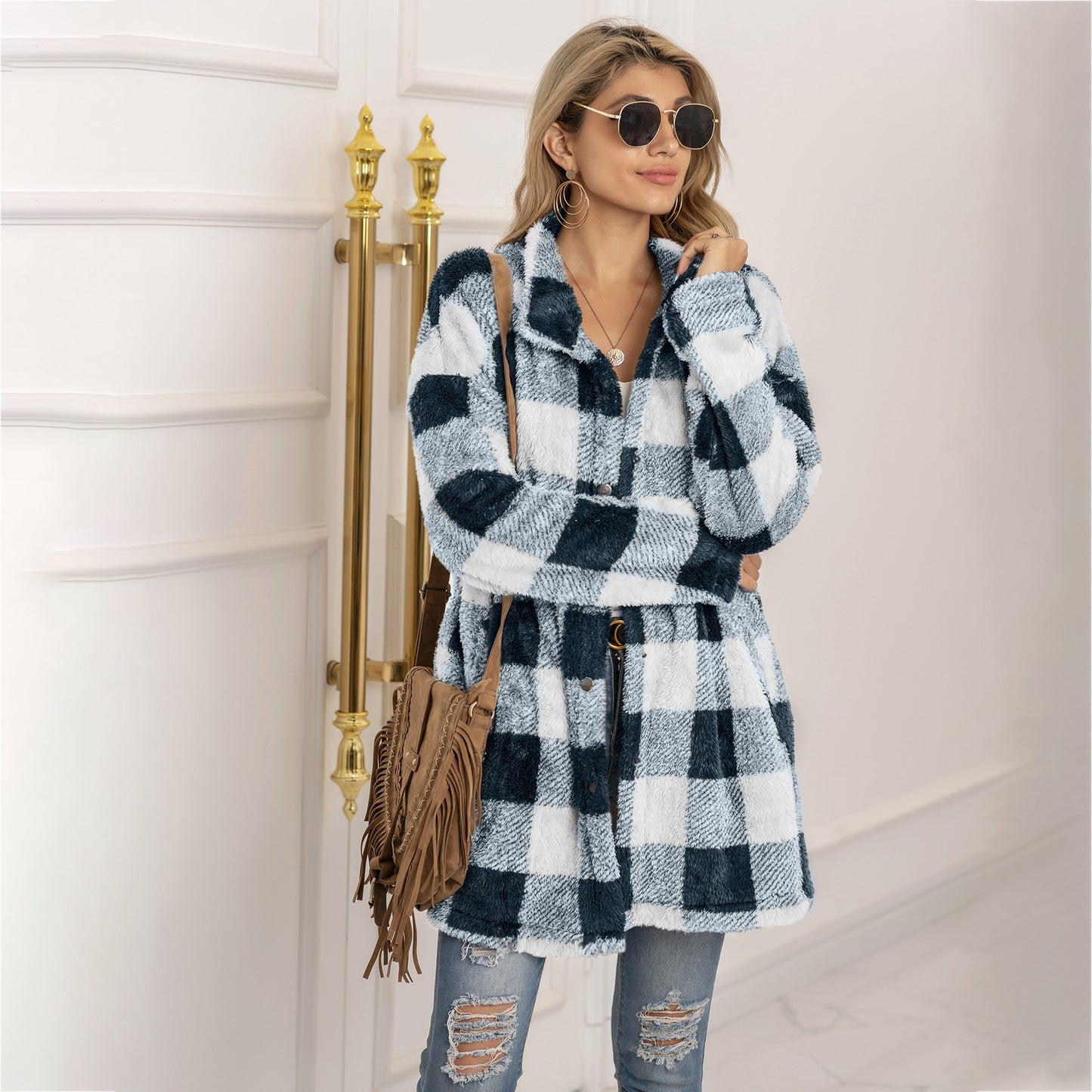 Colorblock Plaid Fleece Jacket – Fashion Single-Breasted Long Jacket for Women