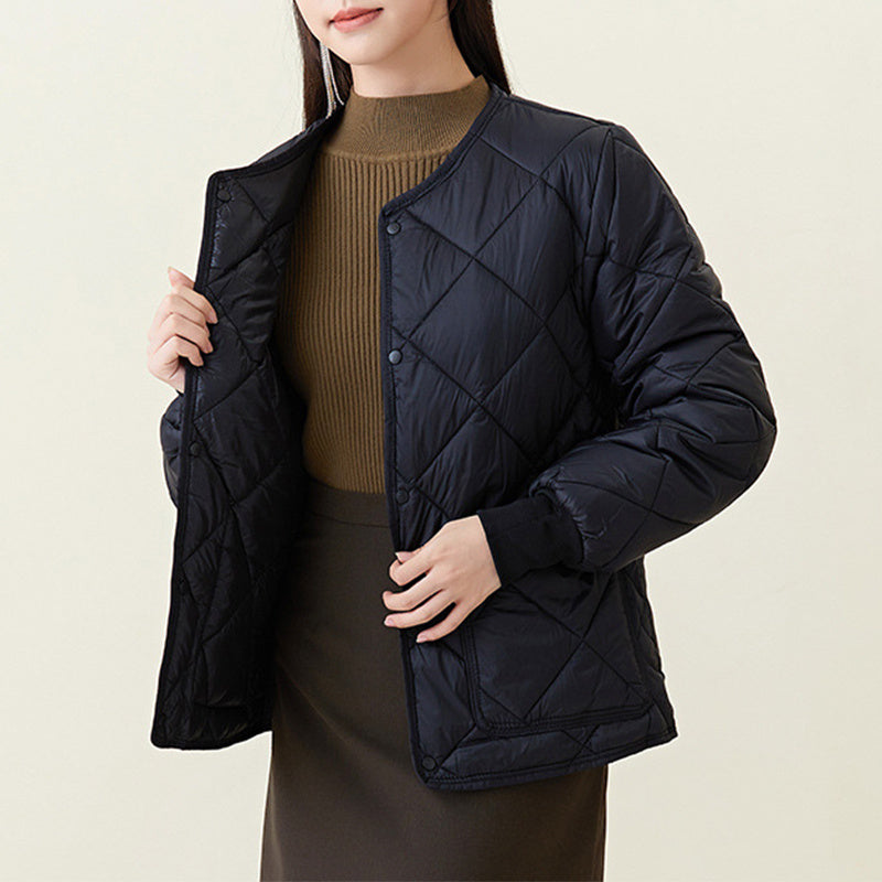 New Rhombus Sewing Cotton Coat – Winter Warm Round-Neck Jacket with Pockets for Women