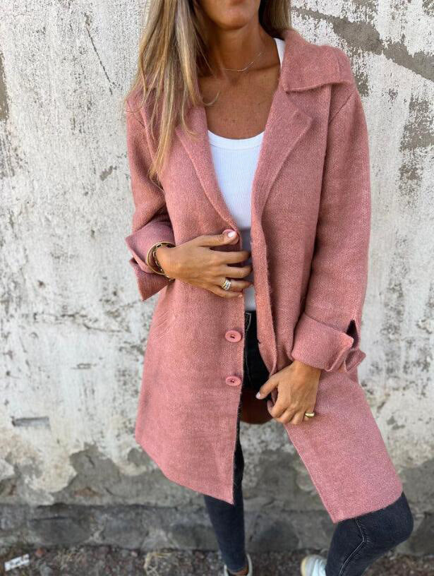 Lapel Single-Breasted Cardigan with Pockets – Women’s Fashion Mid-Length Coat