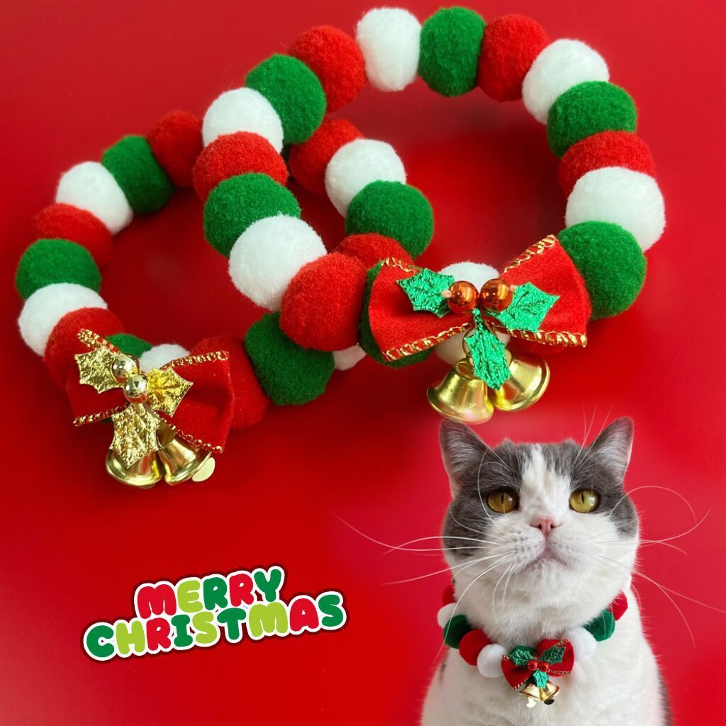 Christmas Cute Dog & Cat Plush Ball Necklace – Soft Elasticity Collar with Bow for Pets - ZA-ZOLA