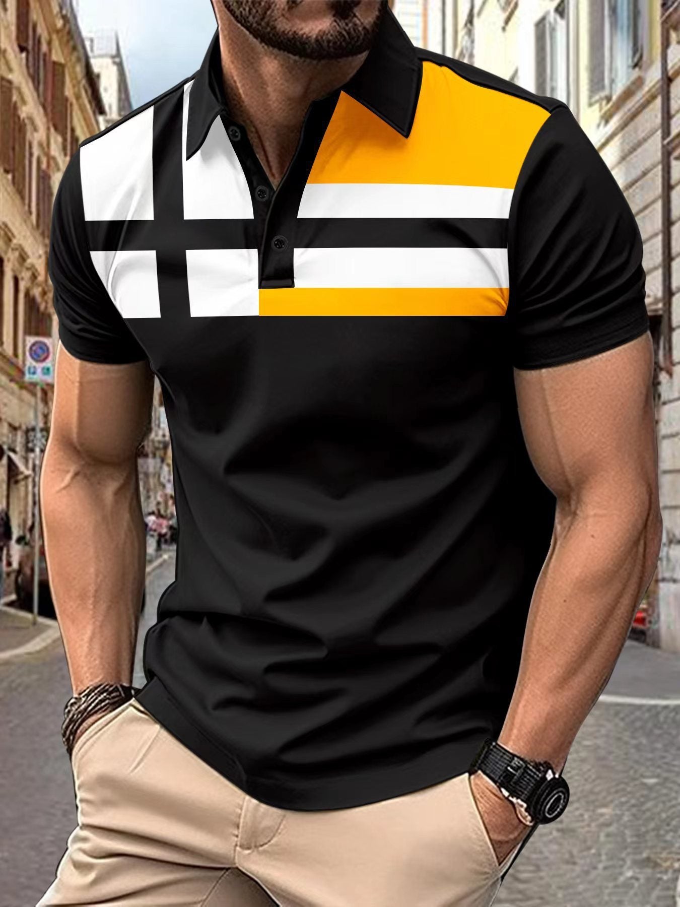 Men's Striped Printed Casual TopProduct information:
 
 Pattern: stripes
 
 Color: red, yellow, blue
 
 Details of clothing style: Patch
 
 Size: S,M,L,XL,XXL,XXXL
 
 Main fabric composition: PolyeTopZA-ZOLAZA-ZOLAStriped Printed Casual Top