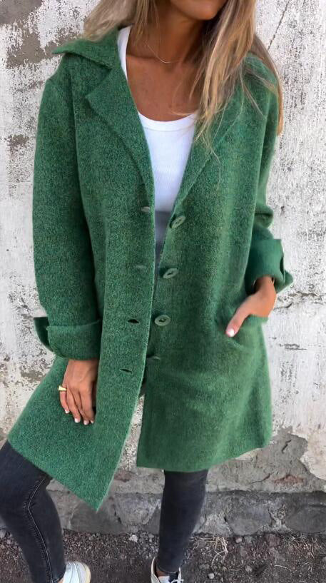 Lapel Single-Breasted Cardigan with Pockets – Women’s Fashion Mid-Length Coat