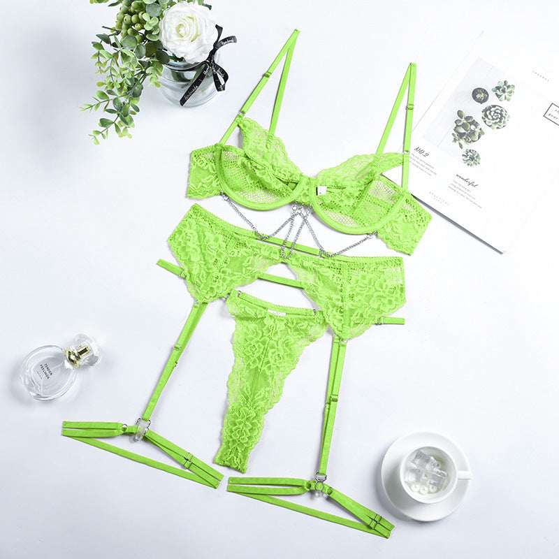 Lace Mesh Bra Underwear Adjustment T-back Suit – Black & Green