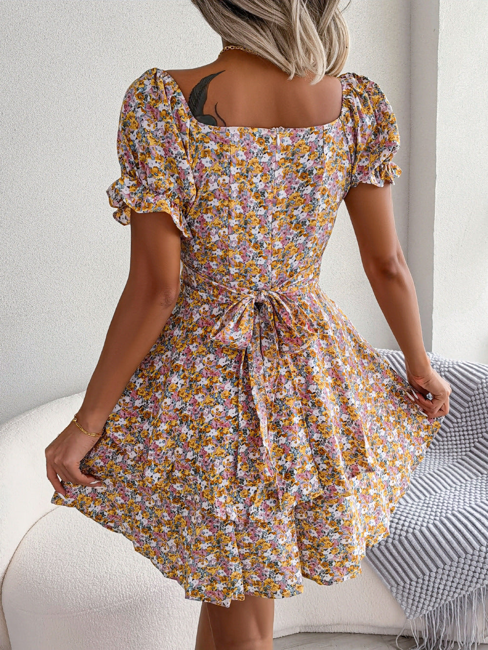 Women Mini Dress Temperament Big Swing Loose Hem Flower Print Shirring Dress Up Short Sleeves High Waist Summer Dress Clothes - ZA-ZOLA