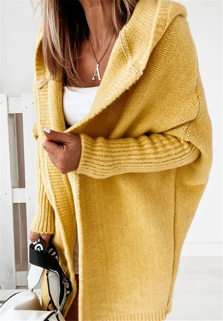 Fashion Bat Sleeve Hooded Cardigan – Oversized Loose Fit Solid Color Sweater for Women