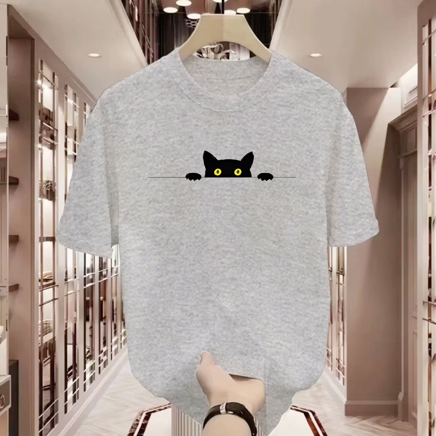 Cute Cat Print Round Neck T-shirt Short Sleeve - ZA-ZOLA