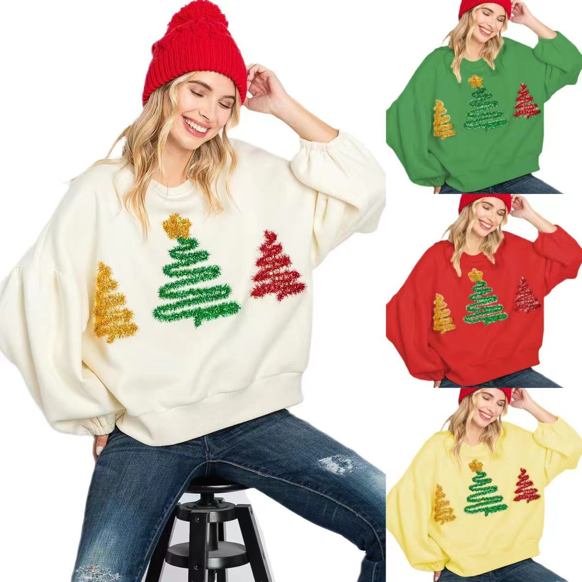 Women's Christmas Tree Casual Pullover – Long Sleeve Sweater for Festive Comfort - ZA-ZOLA