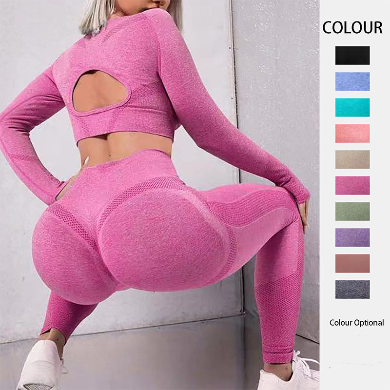 2pcs Sports Suit – Long Sleeve Hollow Design Top & Butt Lifting High Waist Seamless Leggings