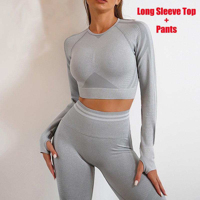 Seamless Yoga Pants & Sports Gym Fitness Leggings with Long Sleeve Tops – Butt Lifting Slim Workout Outfits