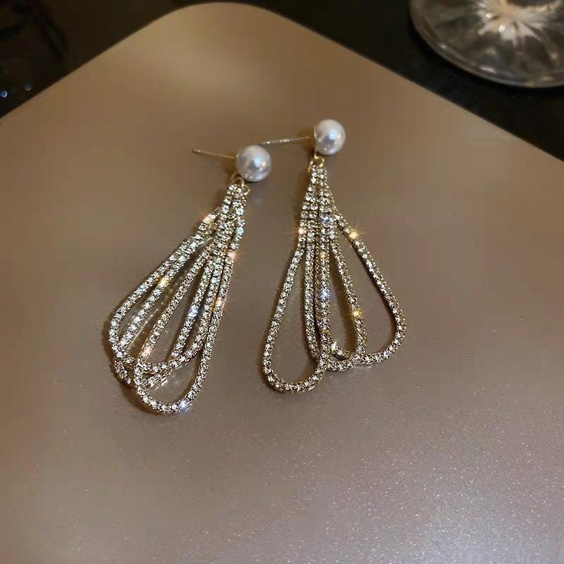 Drop-shaped Full Diamond Pearl Earrings Long Tassel Earrings - ZA-ZOLA