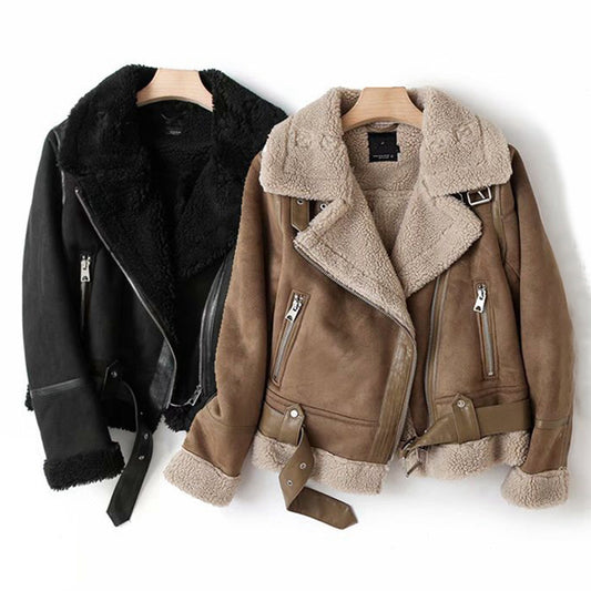 Women's Suede Lapel Jacket | Warm Lamb Wool Motorcycle Coat for Winter Outwear - ZA-ZOLA