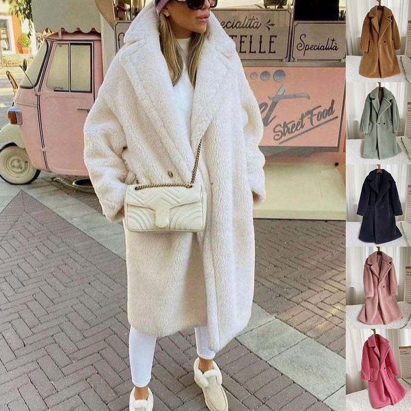 Lapel Lamb Fleece Coat with Pockets – Faux Fur Long Winter Windbreaker for Women