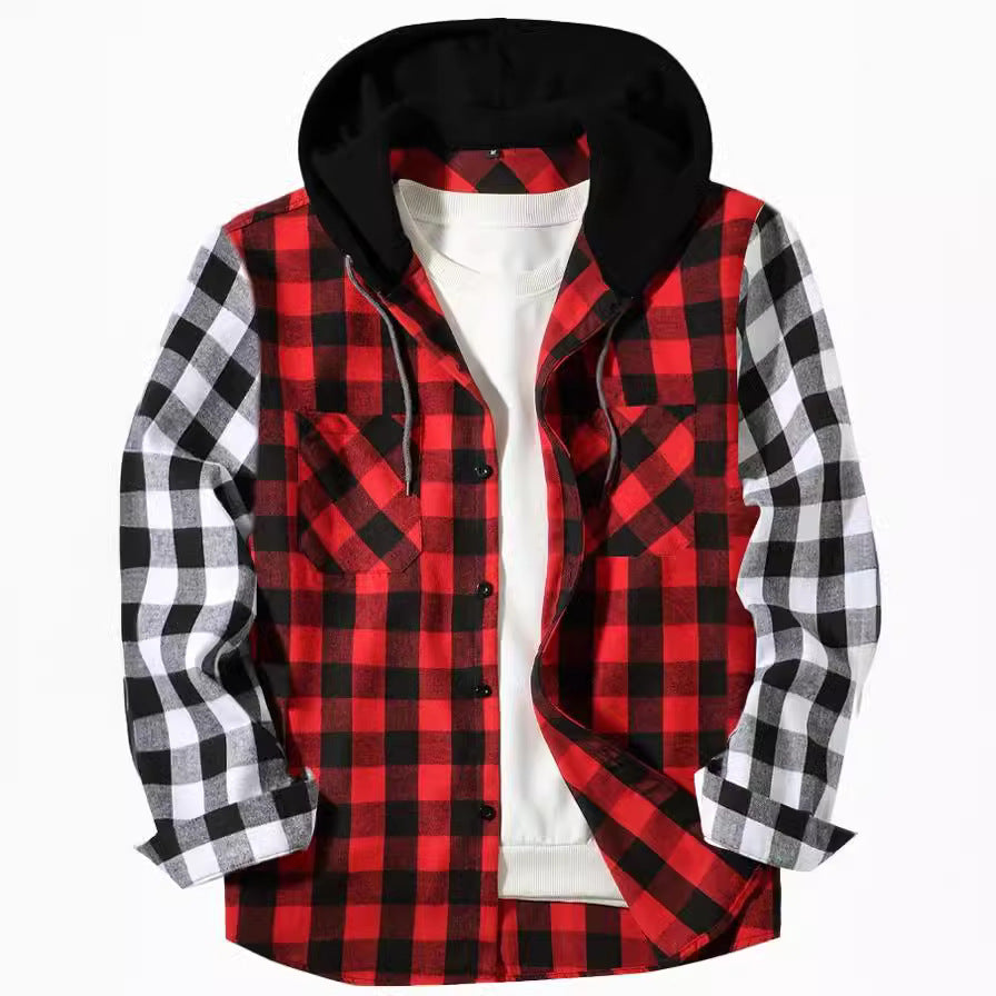 Patchwork Plaid Hooded Long-sleeved Shirt - ZA-ZOLA