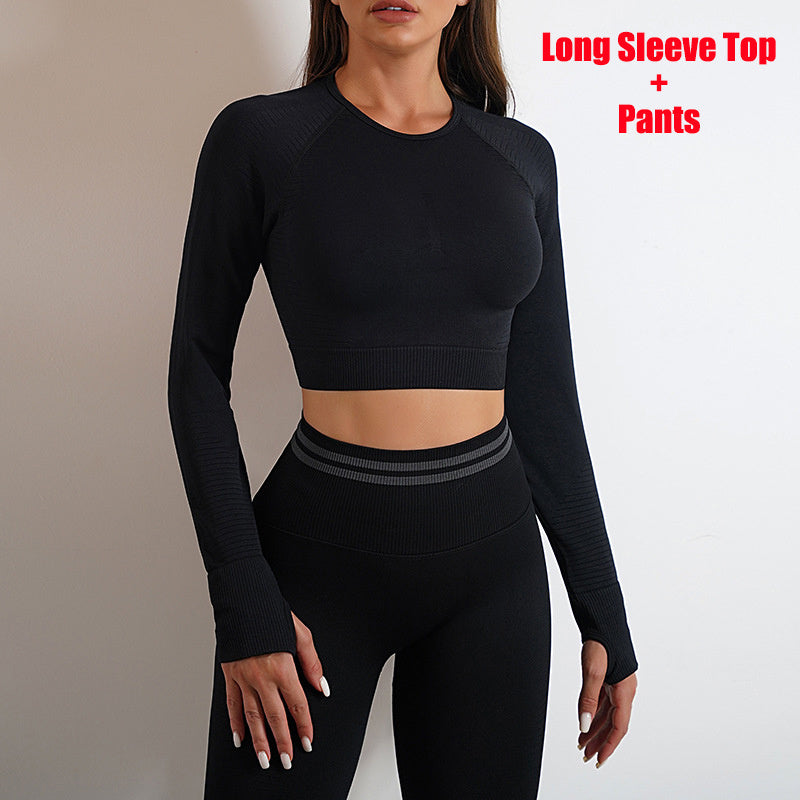 Seamless Yoga Pants & Sports Gym Fitness Leggings with Long Sleeve Tops – Butt Lifting Slim Workout Outfits