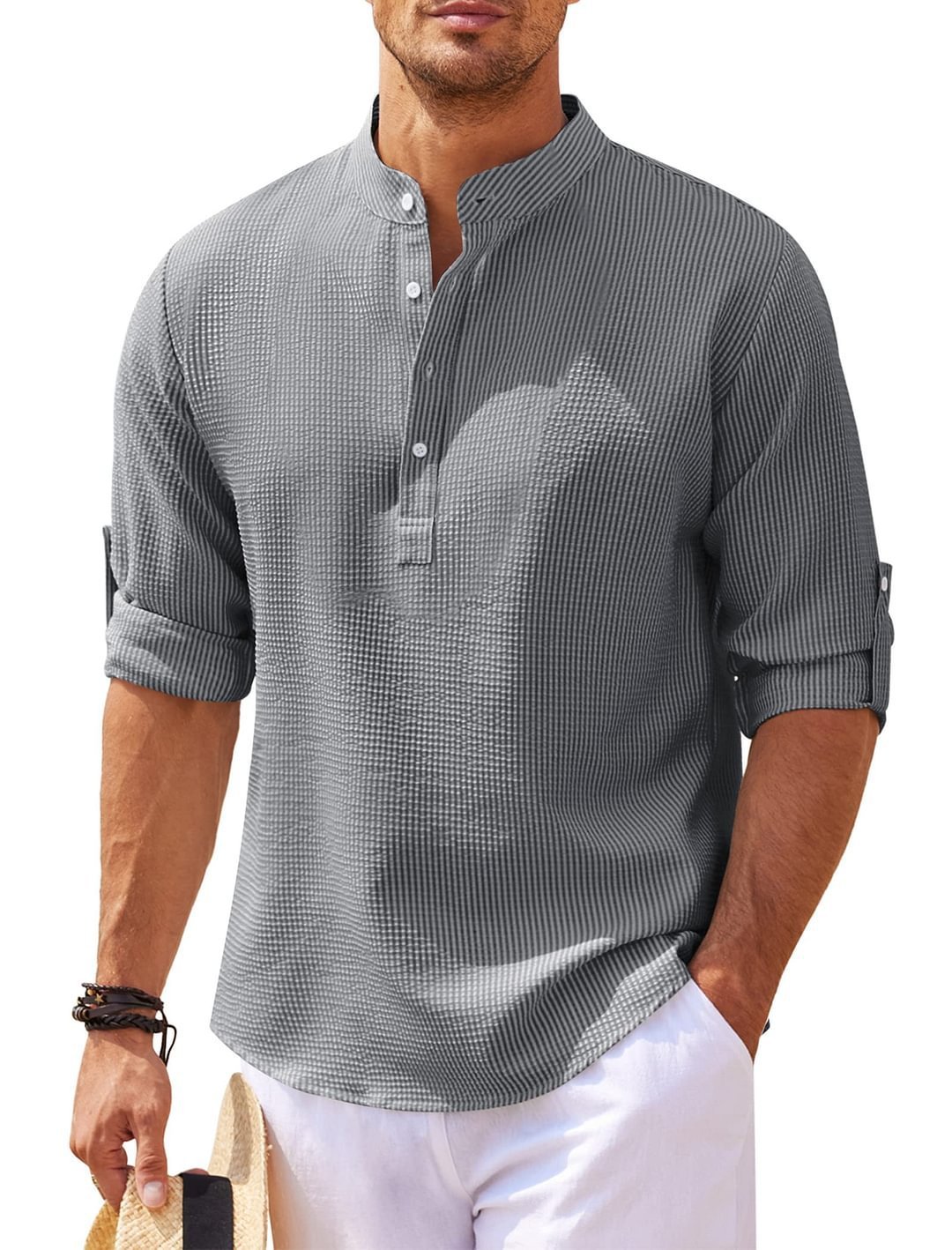 Men's Casual Long Sleeve Stand Collar Shirt – Solid Color, Stylish & Comfortable - ZA-ZOLA