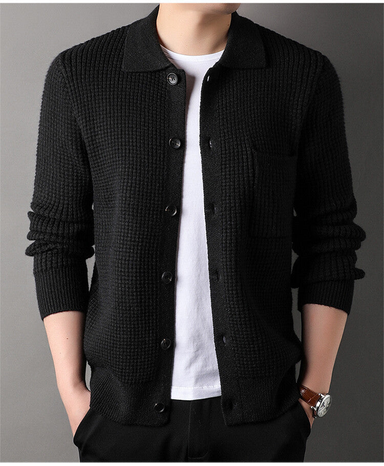 Twist Jacquard Lapel Sweater Cardigan Men's Outer Wear Autumn And Winter Trends Fashion Slim Knit Top Coat - ZA-ZOLA