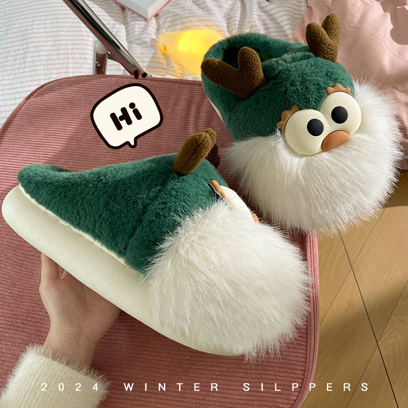 Cute Cartoon Christmas Deer Slippers – Warm Winter Cotton Plush Shoes for Women – Half-Covered Heel Indoor Footwear - ZA-ZOLA