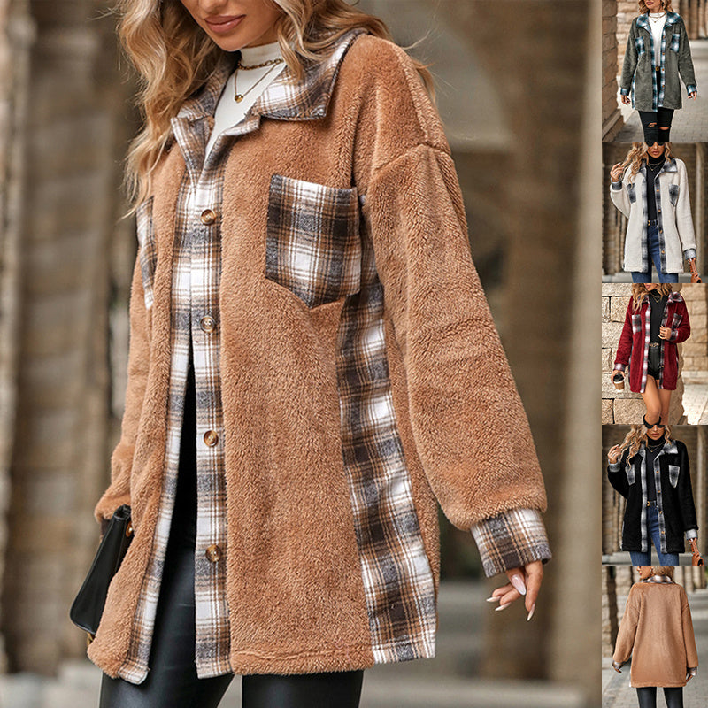 Plaid Woolen Coat for Women – Fashion Lapel Single-Breasted Mid-Length Outerwear