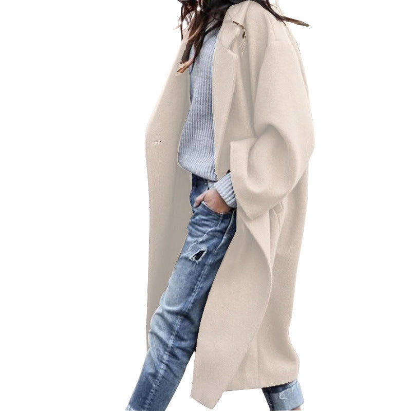 Casual Long Woolen Coat with Pockets – Women’s Solid Color Single-Breasted Lapel Winter Jacket