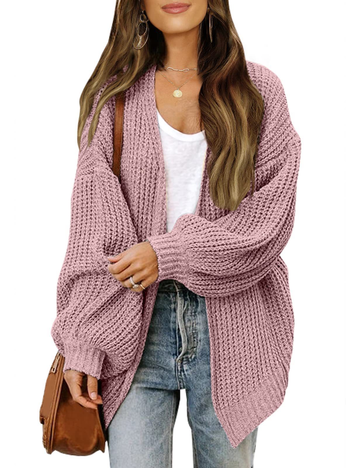 Fashion Lantern-Sleeved Sweater with Pockets – Casual Loose Knit Cardigan for Women