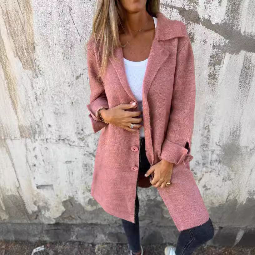 Lapel Single-Breasted Cardigan with Pockets – Women’s Fashion Mid-Length Coat