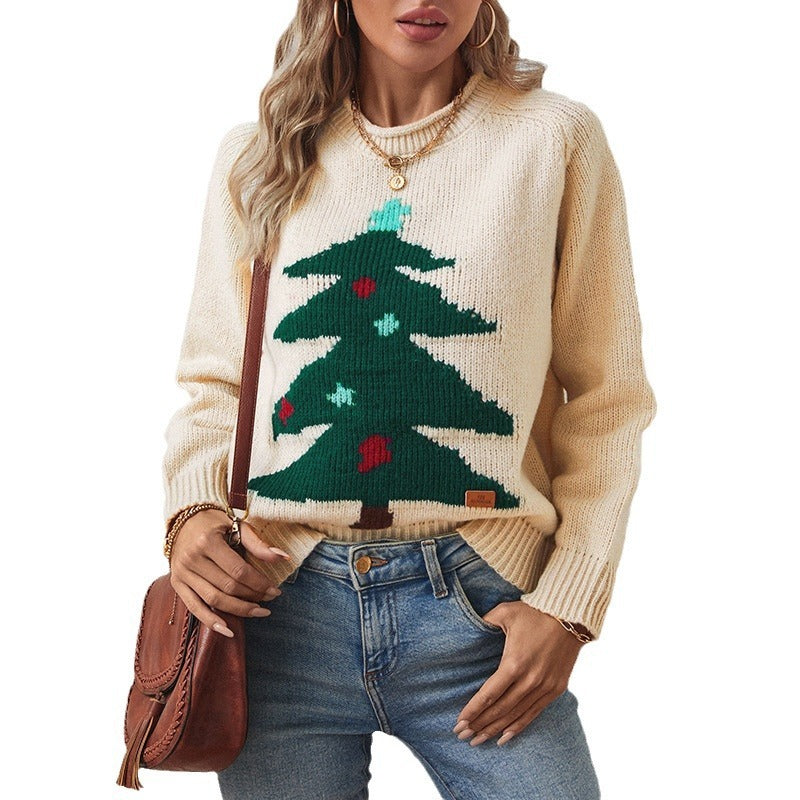 Christmas Tree Pullover Sweater – Women's Loose Round Neck Winter Knitwear - ZA-ZOLA