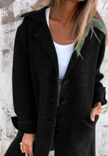 Lapel Single-Breasted Cardigan with Pockets – Women’s Fashion Mid-Length Coat