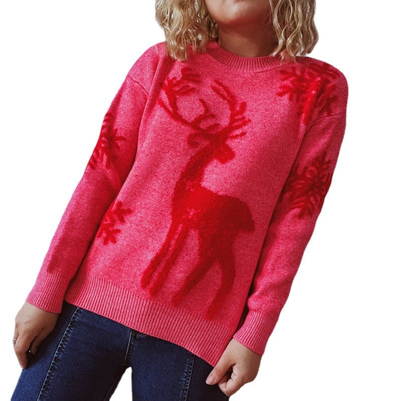 Round Neck Long Sleeve Christmas Sweater – Snowflake & Deer Jacquard Knitwear - ZA-ZOLA