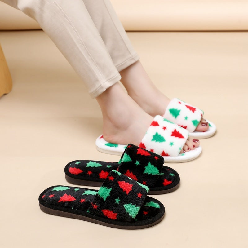 Christmas Tree Home Slippers for Women – Fashionable Open-toe Plush Slippers – Fuzzy Winter Bedroom House Shoes - ZA-ZOLA