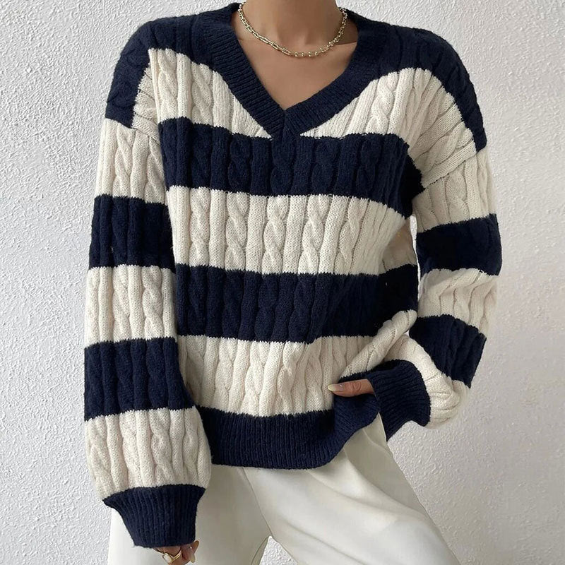 V-neck Long Sleeve Striped Women's Sweater – Versatile, Stylish, All-Matching - ZA-ZOLA