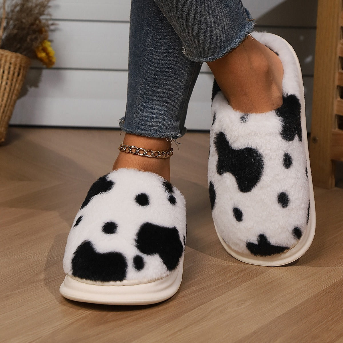 Cute Cow Spotted Plush Slippers Winter Warm Non-slip Bedroom Floor Fuzzy Slipper Couple Women House Shoes - ZA-ZOLA