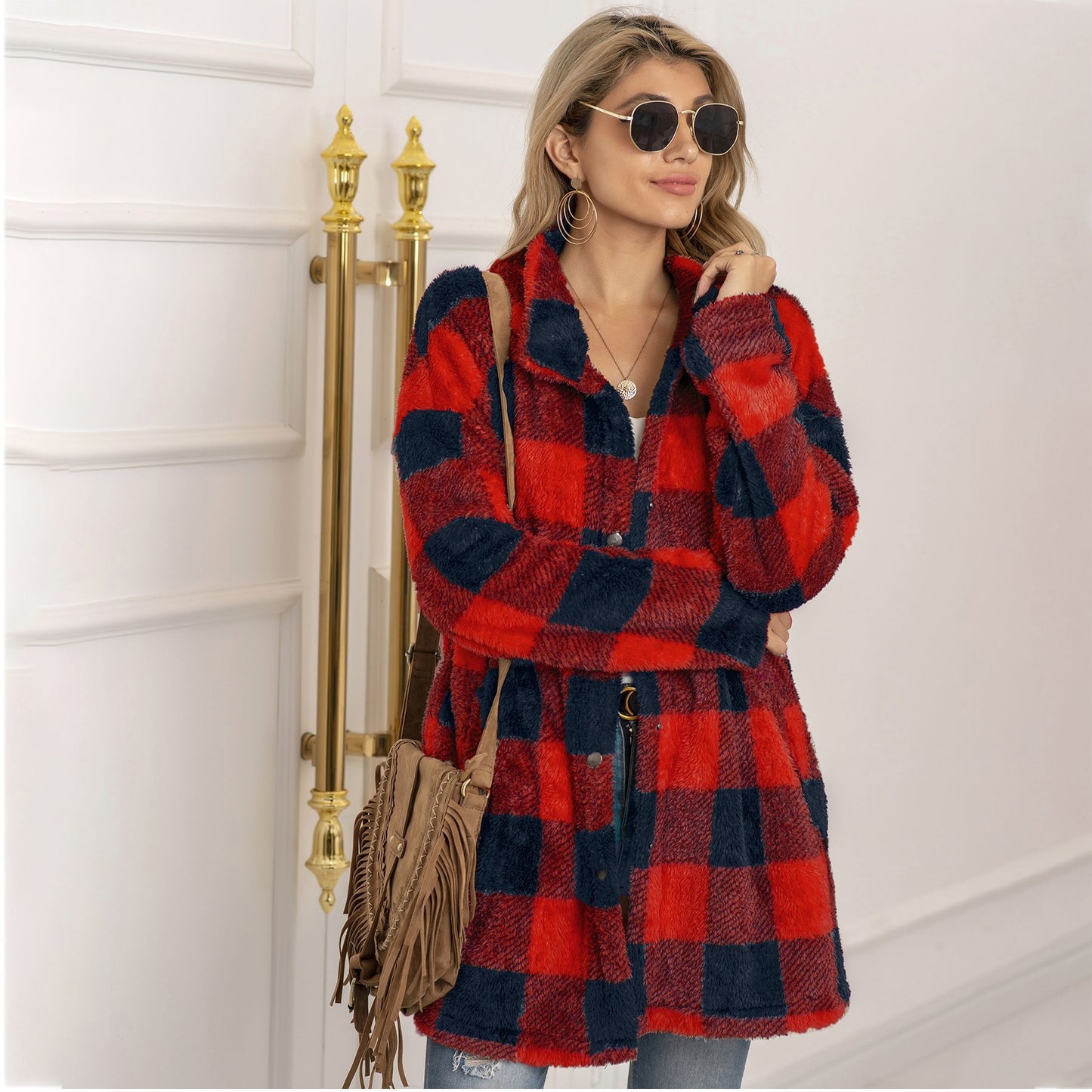 Colorblock Plaid Fleece Jacket – Fashion Single-Breasted Long Jacket for Women