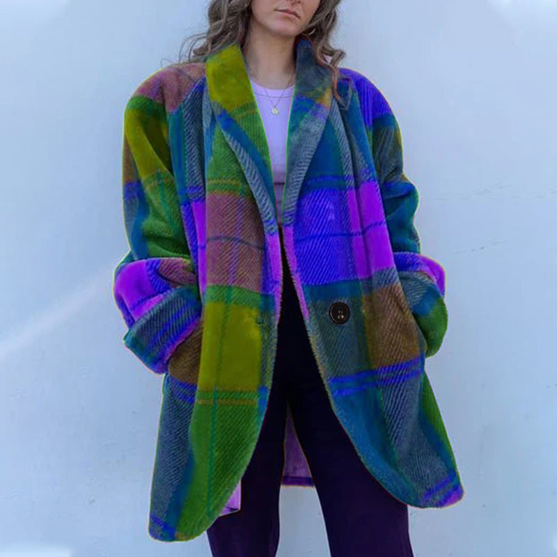 Rainbow Color Plaid Lapel Jacket with Pockets – Fashion Button Coat for Women