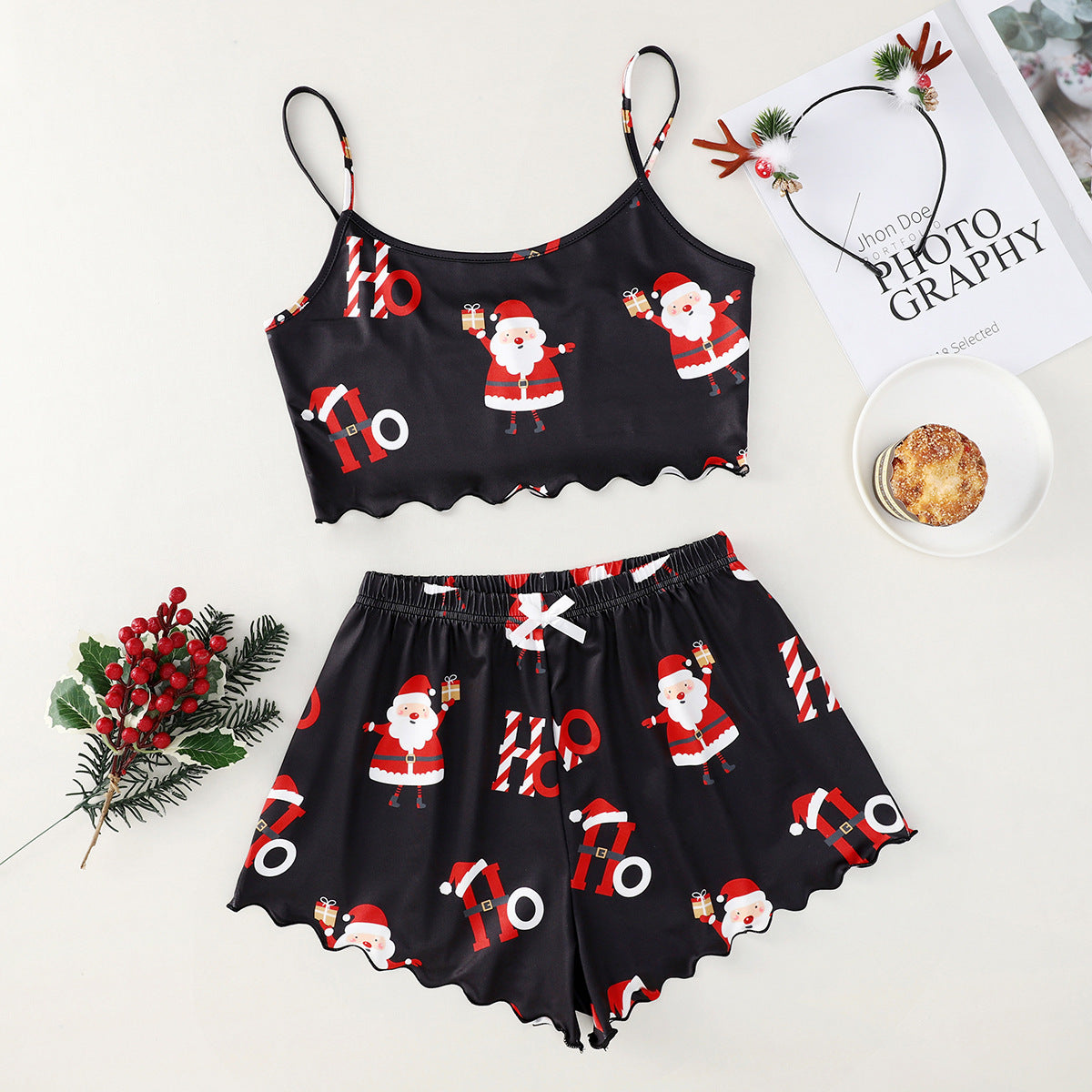 Women's Christmas Milk Silk Pajamas – Sleeveless Shorts Two-Piece Casual Homewear - ZA-ZOLA