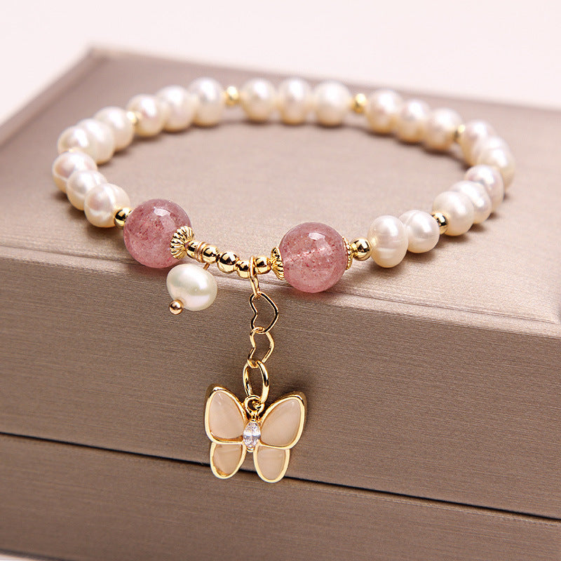 Freshwater Pearl Strawberry Quartz Bracelet Bracelet Female Opal Butterfly Bracelet - ZA-ZOLA