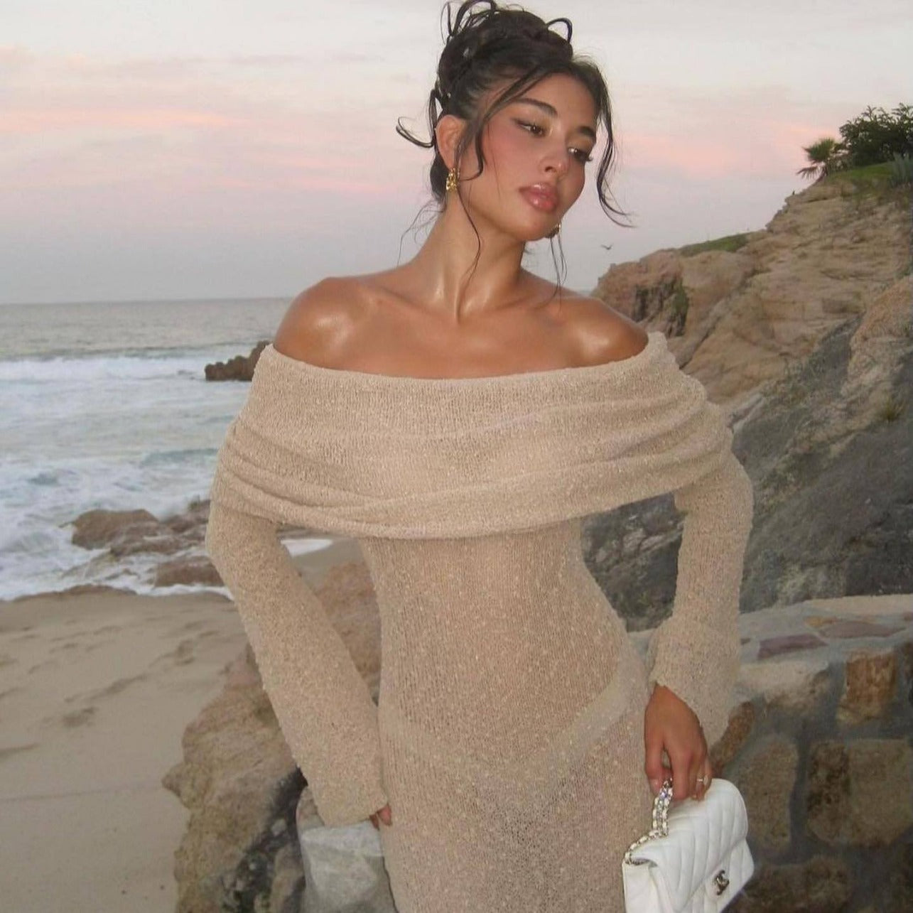 Neues One-Shoulder-Strickkleid – Sexy langärmliges Strand-/Urlaubskleid für Damen | Großbritannien und USA