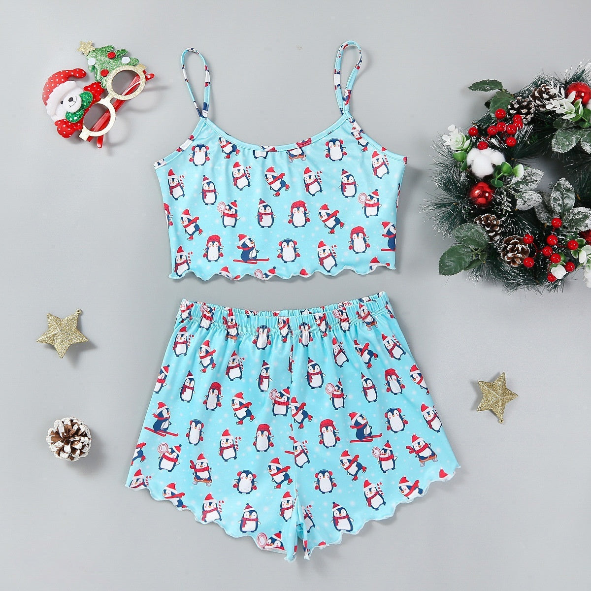 Women's Christmas Milk Silk Pajamas – Sleeveless Shorts Two-Piece Casual Homewear - ZA-ZOLA