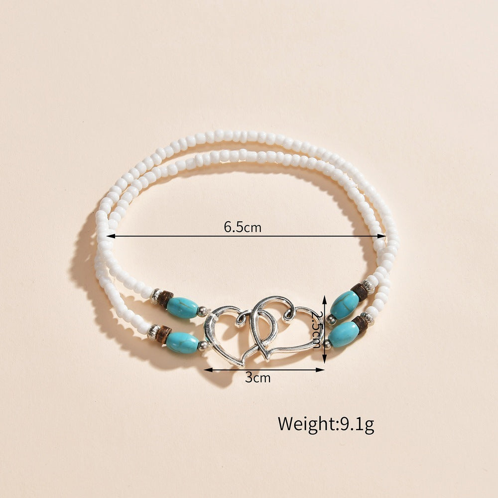 Fashion Vacation Style Alloy Double Heart Bead Turquoise Double Elastic Anklet - ZA-ZOLA