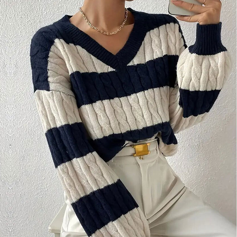 V-neck Long Sleeve Striped Women's Sweater – Versatile, Stylish, All-Matching - ZA-ZOLA