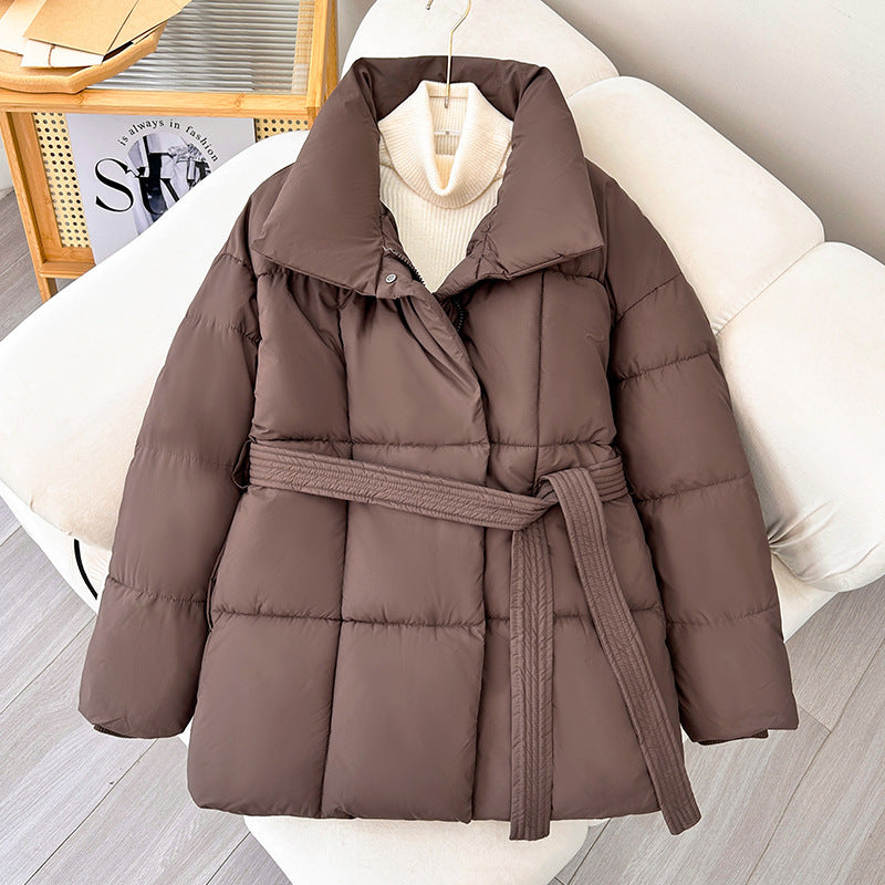 Winterlicher karierter Reversmantel mit Schnürdesign – modische, lockere, einfarbige, dicke Jacke für Damen