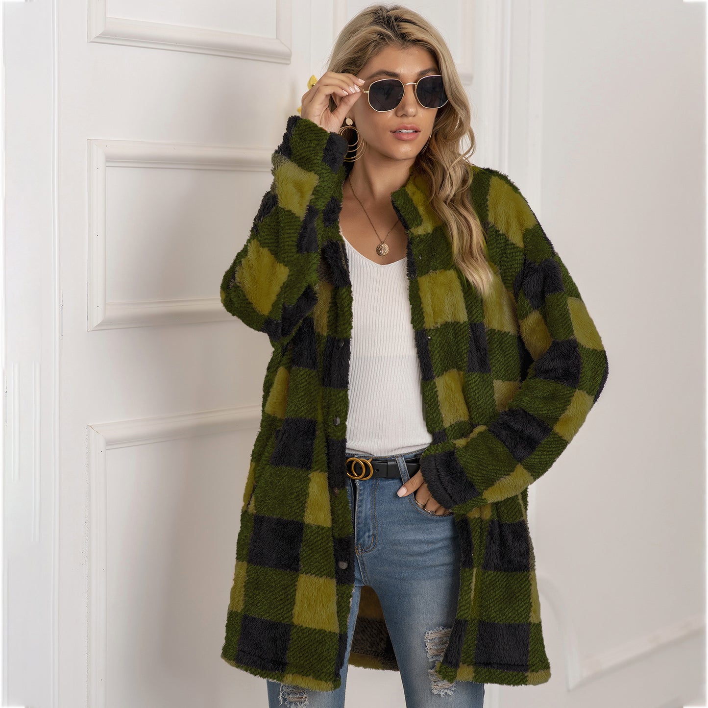 Colorblock Plaid Fleece Jacket – Fashion Single-Breasted Long Jacket for Women