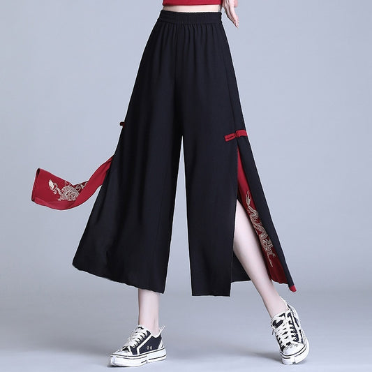 Side Slit Chinese Style Loose Cropped Trousers - ZA-ZOLA