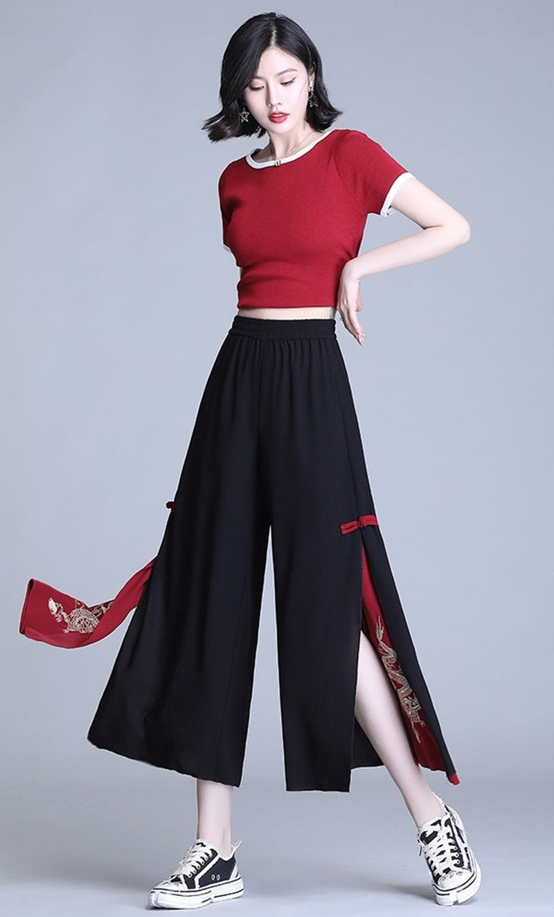 Side Slit Chinese Style Loose Cropped Trousers - ZA-ZOLA