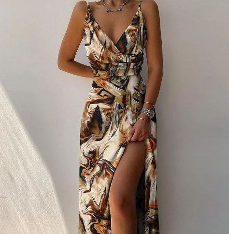 V-Neck Slip Dress – Low-Cut Printed Slit Summer Dress for Women | Elegant Fashion UK & USA