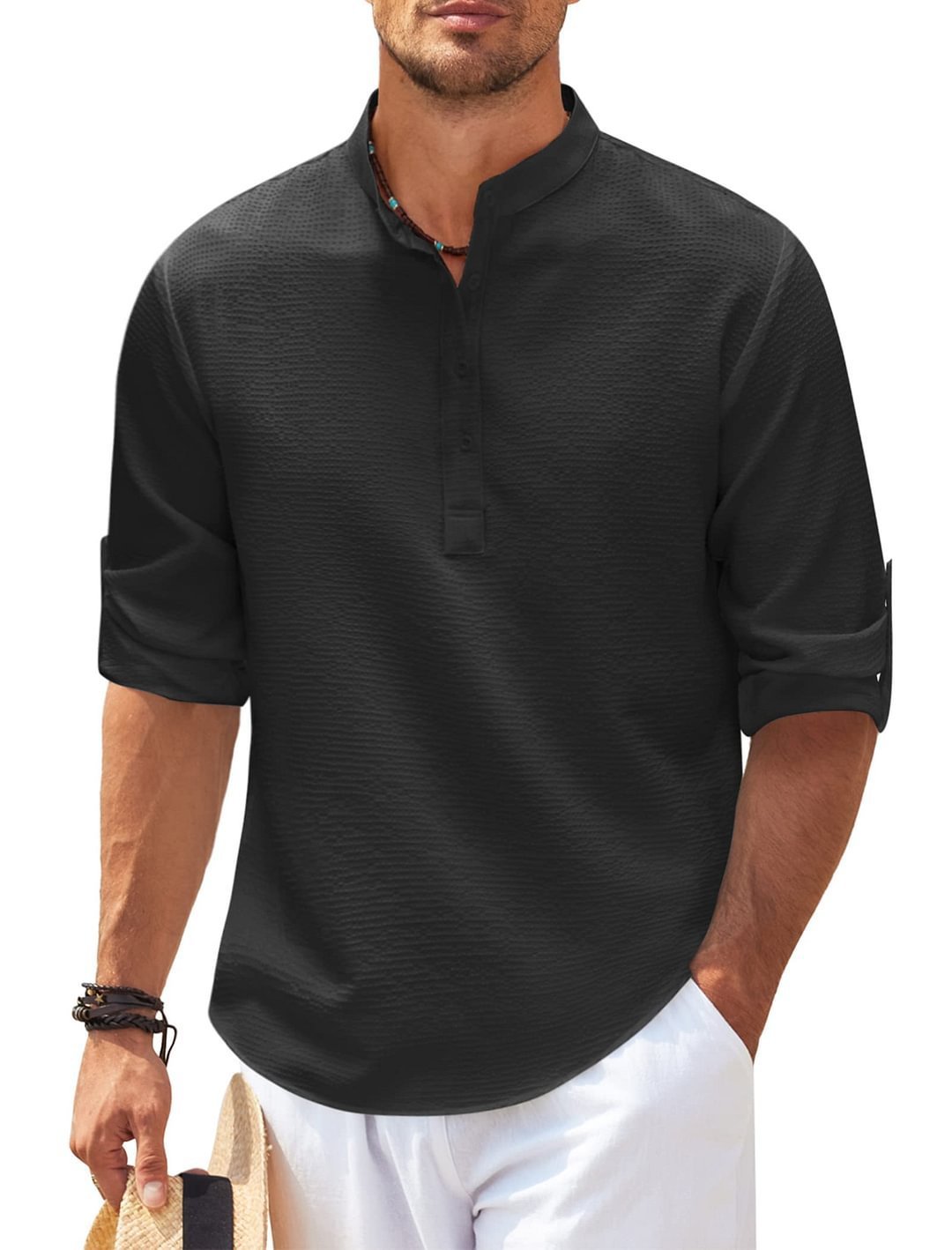 Men's Casual Long Sleeve Stand Collar Shirt – Solid Color, Stylish & Comfortable - ZA-ZOLA