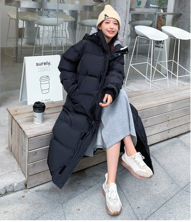 Korean-Style Mid-Length Over-the-Knee Down Cotton-Padded Coat – Stylish & Warm Winter Outerwear