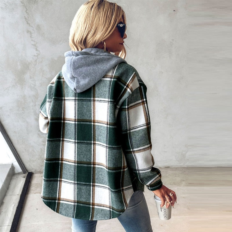 European & American Fashion Women’s Solid Color Plaid Hooded Jacket