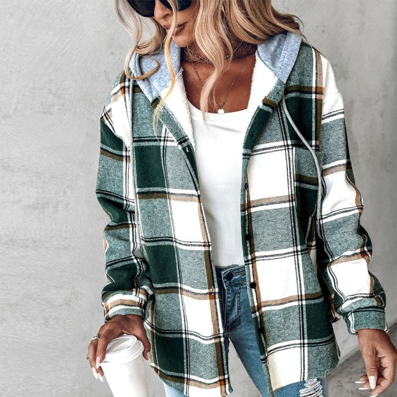 European & American Fashion Women’s Solid Color Plaid Hooded Jacket