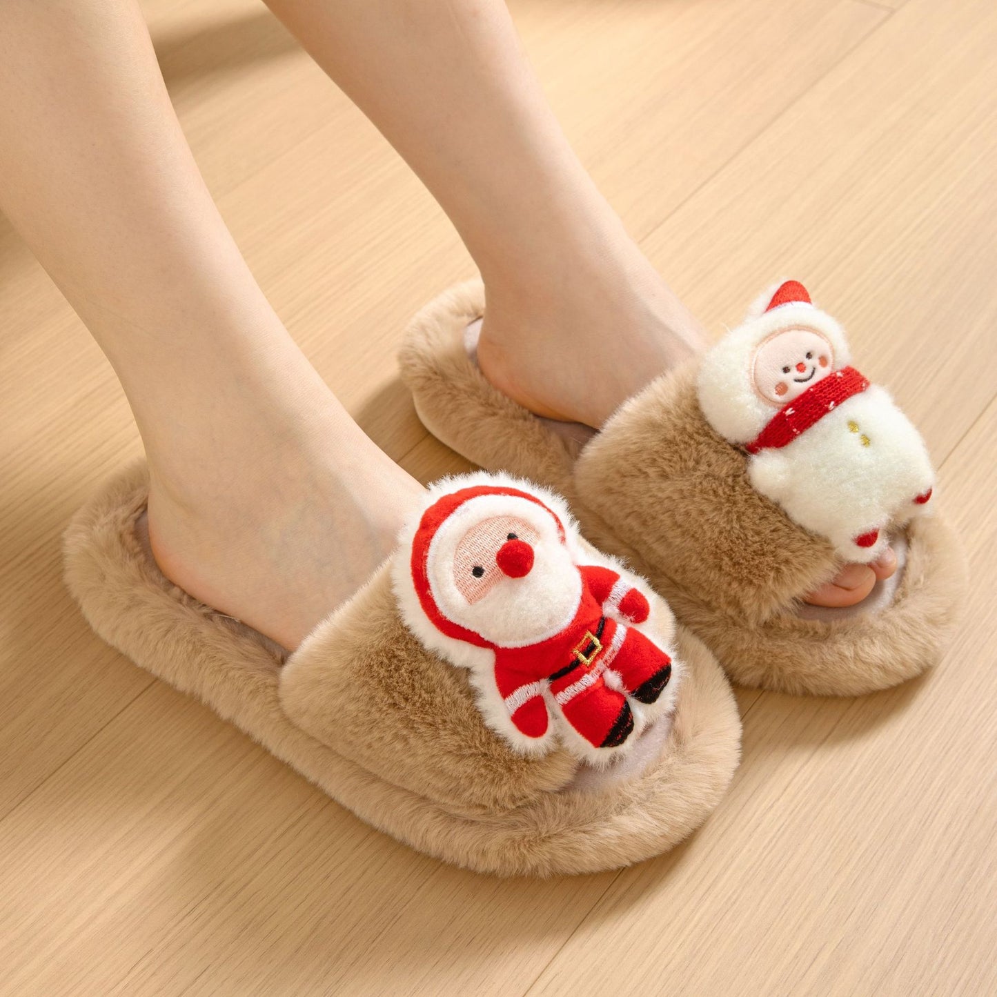 Santa Claus Open-Toe Cotton Slippers – Cozy Winter Indoor Plush Slippers for Women – Warm Furry Christmas Shoes - ZA-ZOLA