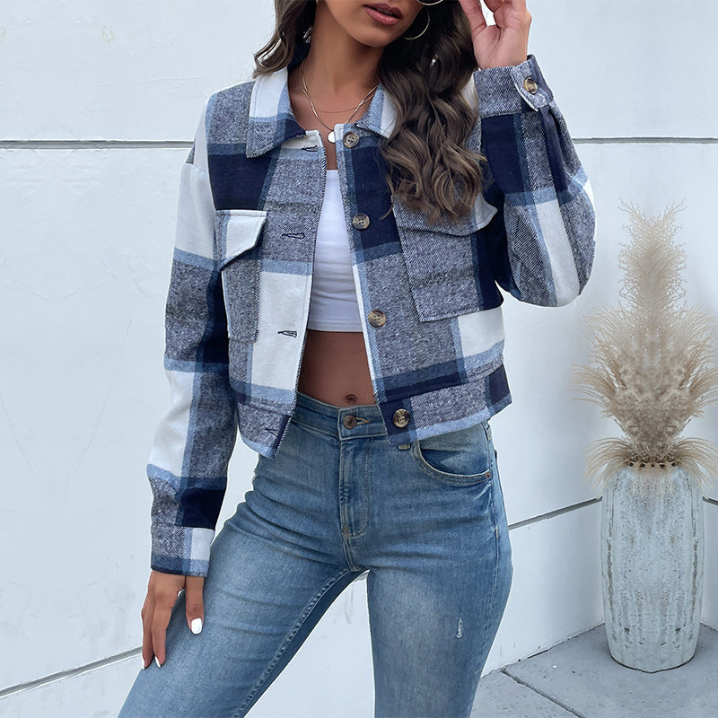 Plaid Lapel Cropped Jacket with Pockets for Women – Button Detail, Long Sleeve Outerwear